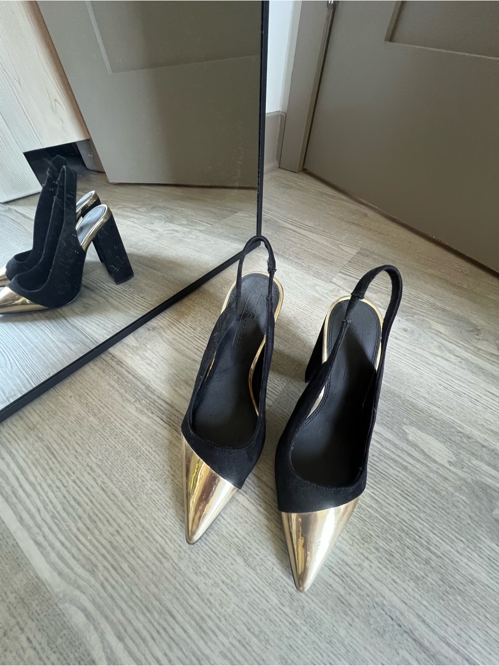 ASOS Black Slingback Heels with Gold Pointed Toe